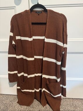 Pink Clover Brown & White Striped Open Cardigan